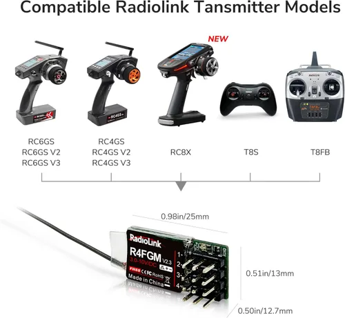 Miniatura 3 de Radiolink R4FGM V2.3 2.4Ghz 4 canales RC Gyro Receptor para Mini RC Cars 1,312.3 ft Control de largo alcance para control remoto RC RC8X/RC6GS