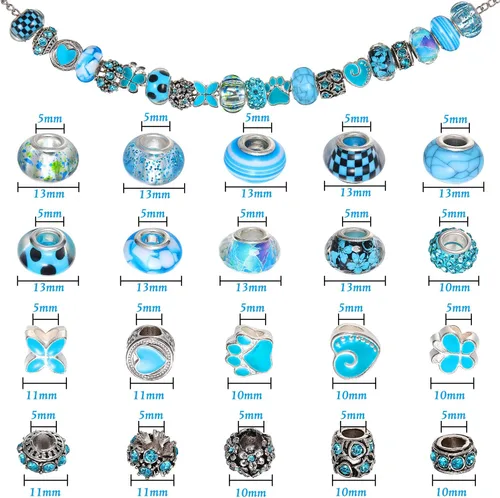Miniatura 5 de 80 piezas surtidas de cuentas europeas de agujero grande, cuentas de vidrio espaciadoras, cuentas de diamantes de imitación, dijes de metal macramé