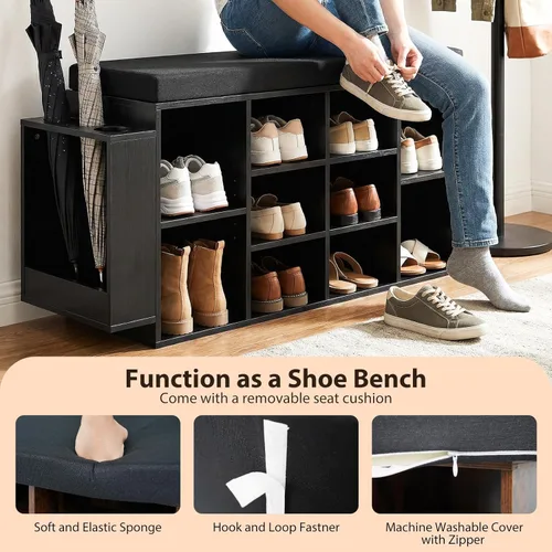Miniatura 7 de Tangkula Banco de almacenamiento de zapatos con soporte para paraguas, organizador de zapatos de 40 pulgadas con asiento acolchado, 10 cubos y Negro