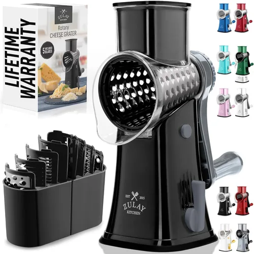 Miniatura 18 de Zulay Kitchen Rallador rotativo de queso de 5 cuchillas, rallador de queso manual de manivela con succión reforzada y 5 tambores intercambiables