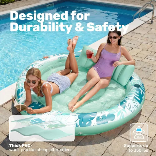 Miniatura 5 de SLOOSH Flotador inflable para piscina de bronceado, flotadores de piscina de 72 x 56 pulgadas para adultos con almohada, flotador redondo 4 en 1