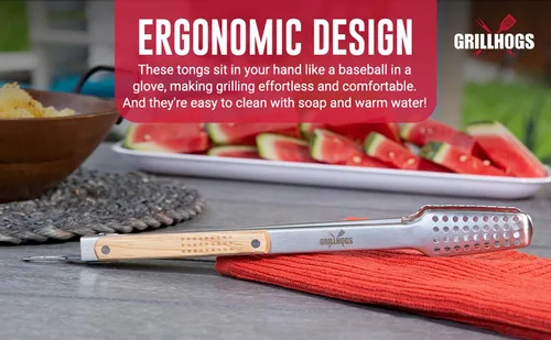 Miniatura 3 de Pinzas para barbacoa de acero inoxidable 18/0 de 9 pulgadas con mango ergonómico de madera de roble real para cocinar, accesorio duradero