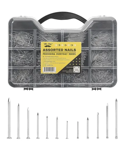 Mr. Pen - Kit surtido de clavos, 1500 envueltos, 12 tamaños mixtos de clavos de cabeza redonda y clavos planos; Ideal para colgar cuadros