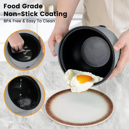 Miniatura 4 de Olla eléctrica caliente con vaporizador, cocina rápida de ramen, mini olla eléctrica de autocalentamiento portátil de 1.8L para cocinar fideos, Gris