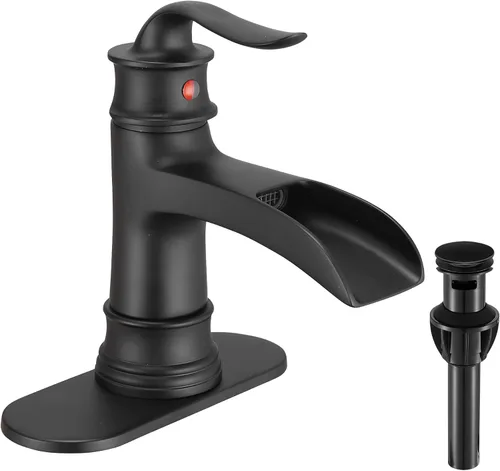 FRANSITON Grifo de cascada de baño con una sola manija, un agujero, acabado negro mate, grifos de lavabo con boquilla grande (negro mate)