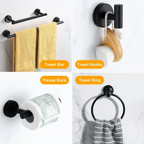 Miniatura 3 de Juego de accesorios de baño de 12 piezas, juego de toallero de 24 y 16 pulgadas, negro mate, juego de accesorios de baño de acero inoxidable SUS304