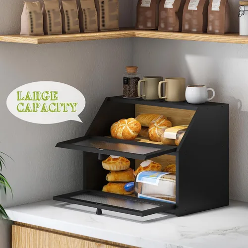 Miniatura 6 de BMOSU Panera grande de doble capa para encimera de cocina, almacenamiento de madera de bambú (negro)