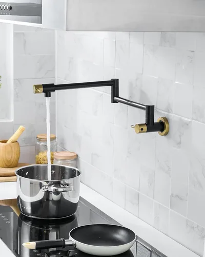 Miniatura 5 de CENOSA Llave de Llenado de Ollas Negra y Dorada Montaje en Pared Comercial Llave de Cocina para Estufa Montaje en Pared Llave de Fregadero de Cocina