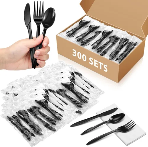 Miniatura 4 de Uiifan 1 Set Plastic Silverware Sets Individually Wrapped Plastic Utensils Cutlery Bulk Disposable Knife Fork Spoon Napkin Kit for Lounge Wedding