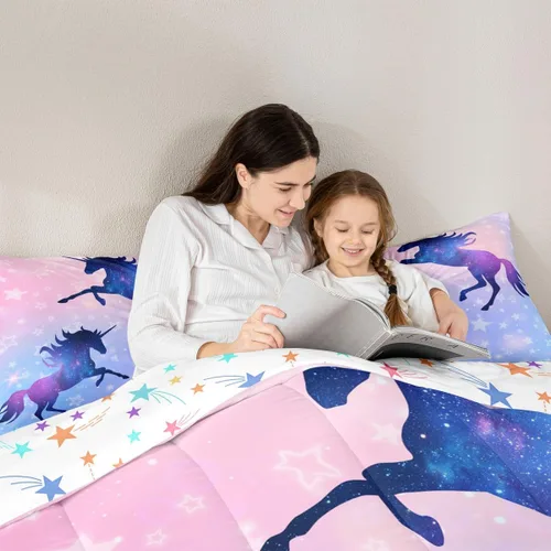 Miniatura 2 de Manfei Juego de edredón con siluetas de unicornio, tamaño King, juego de ropa de cama romántica de cielo estrellado y galaxia, decoración de Navidad