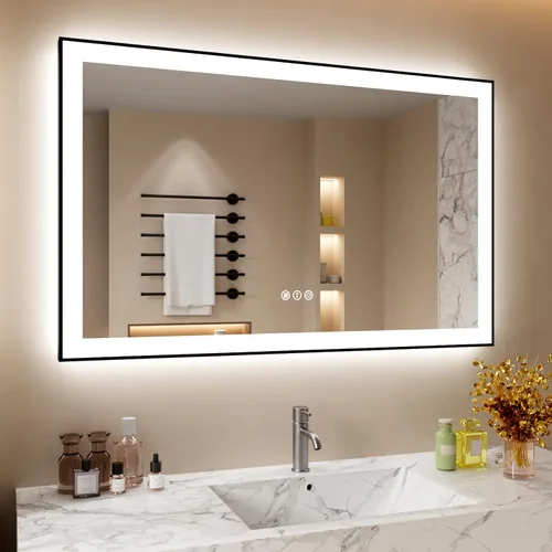 Miniatura 68 de Espejo de baño LED de 60x36 pulgadas con marco negro, espejos de baño retroiluminados y con luz frontal para pared, antiempañamiento, regulable