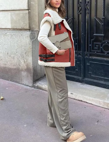 Miniatura 7 de APAFES Chaleco de gamuza de piel de invierno para mujer, cuello alto, sin mangas, forro polar