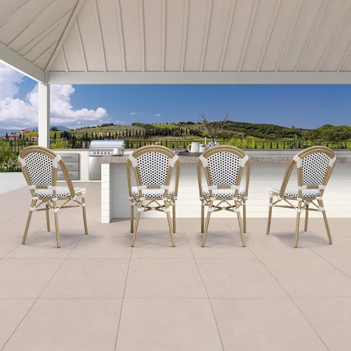 Miniatura 53 de PURPLE LEAF Juego de 1 silla de comedor al aire libre, marco de aluminio francés en acabado de bambú con ratán tejido ámbar y blanco para cocina