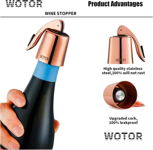 Miniatura 2 de WOTOR Tapones de vino de acero inoxidable para botella de vino, tapón con silicona reutilizable, a prueba de fugas, mantiene fresco, triple
