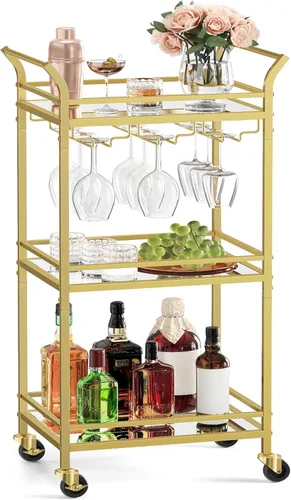 VASAGLE Carrito de Bar, Carrito de Servicio de Bar para el Hogar, Carrito de Servicio de Bar Pequeño con Estante de 3 Niveles, Portabotellas de