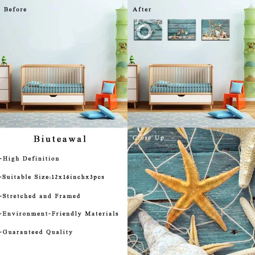 Miniatura 6 de Biuteawal - 3 piezas de lienzo para pared, diseño de concha de estrella de mar sobre tablero verde azulado, impresiones de playa, naturaleza, lienzo