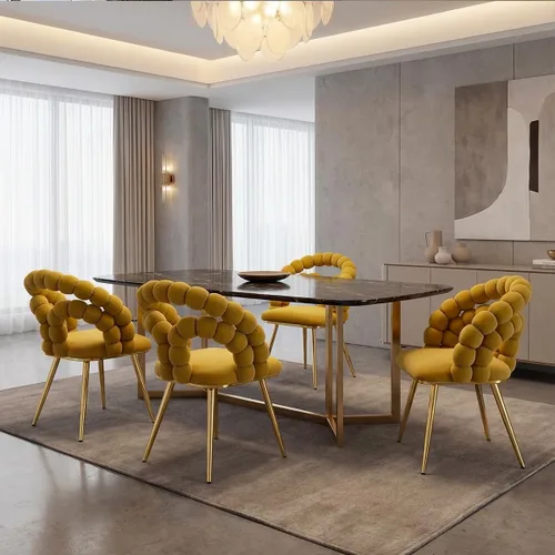 Miniatura 5 de Juego de 2 sillas de comedor de terciopelo, sillas decorativas tapizadas amarillas, sillas de barril con patas doradas para comedor, maquillaje