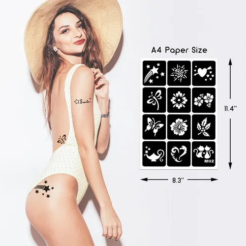 Miniatura 6 de 16 hojas de plantillas de tatuaje de henna reutilizables para mujeres, niñas y niños, más de 220 plantillas de tatuaje, plantilla de tatuaje