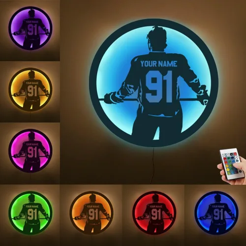 Miniatura 14 de Arte de pared de hockey con nombre y número personalizado, letrero de metal personalizado para jugador de hockey con luz LED, letrero de neón