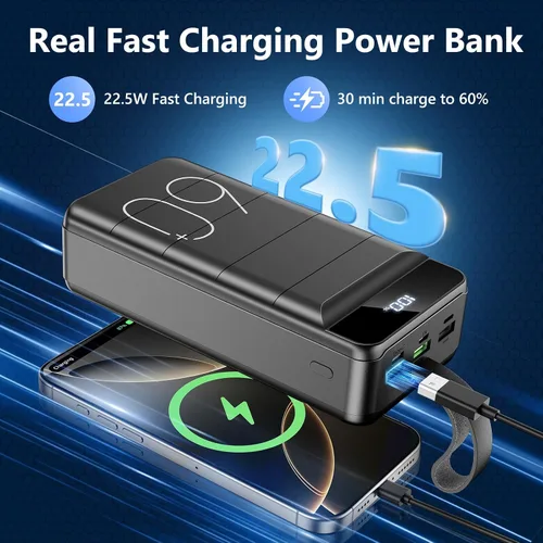 Miniatura 2 de LQHUE Power Bank 60000mAh 22.5W Cargador portátil de carga rápida con linterna, 4 salidas y 3 entradas pantalla LED, gran capacidad, batería externa