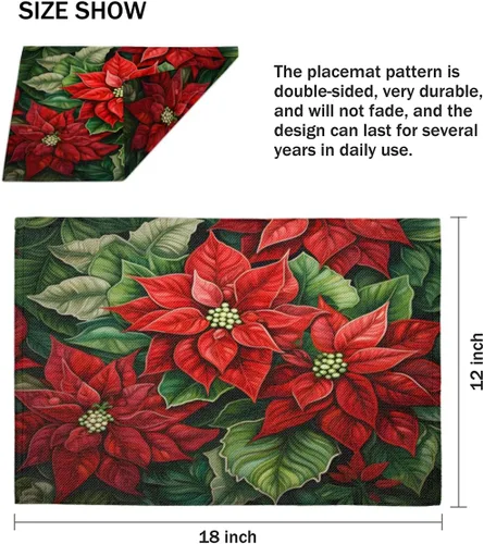 Miniatura 4 de Juego de 4 manteles individuales con diseño de flor de pascua de Navidad, lavables, impermeables, para decoración de mesa de comedor, 18 x 12
