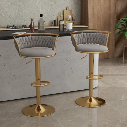 Miniatura 34 de Juego de 2 taburetes de bar giratorios de 360°, silla de bar de terciopelo ajustable a altura de mostrador moderna, taburete de metal plateado