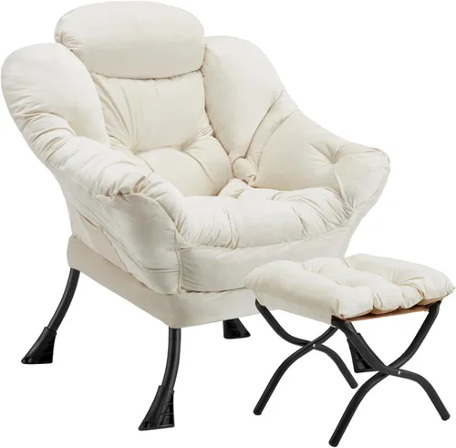 Miniatura 19 de Silla perezosa con otomana plegable, sofá de ocio, sillón de tela suave con reposabrazos y bolsillos laterales, silla de lectura con reposapiés