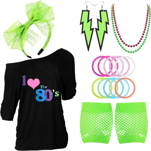 Accesorios de disfraces de Halloween de los años 80 para mujeres, camiseta sin hombros para los años 80