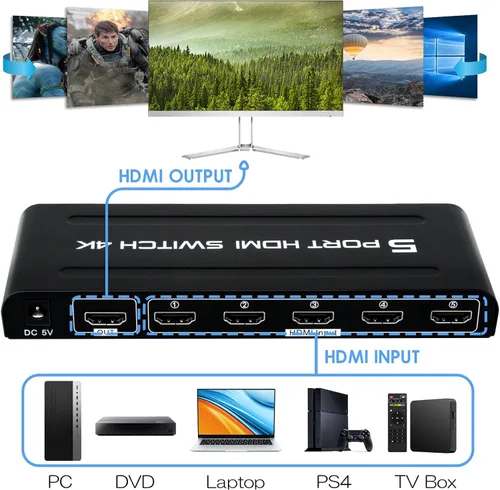 Miniatura 2 de Conmutador HDMI 4K 5 en 1 salida, caja selectora de conmutadores HDMI de 5 puertos con control remoto IR e interruptor automático, compatible