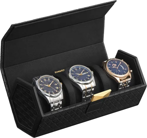 Miniatura 30 de SONGMICS 24 organizador y exhibidor negro de calidad superior, de vidrio, con funda para reloj, de piel sintética UJWB024
