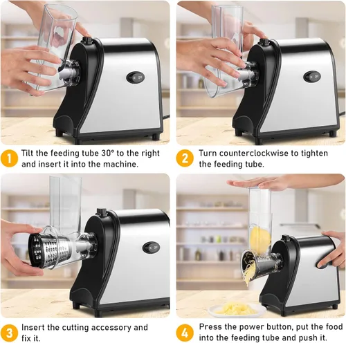 Miniatura 7 de Rallador eléctrico de queso, máquina de ensalada con 5 cuchillas diferentes, trituradora eléctrica de 250 W para uso en la cocina del hogar