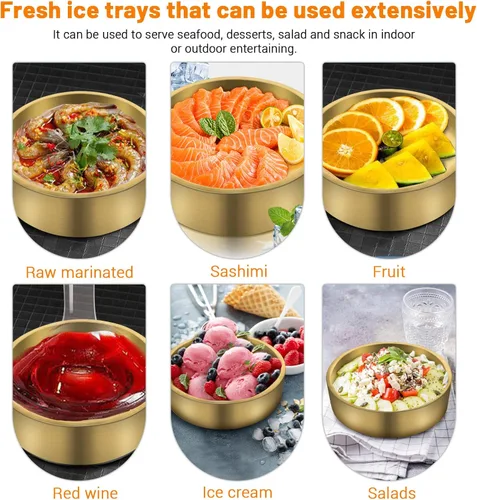 Miniatura 7 de Bandejas de acero inoxidable doradas de 11 pulgadas, bandeja fría para servir aperitivos con hielo, bandeja de servir helado para fiestas, plato