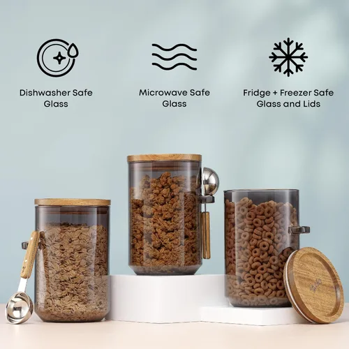Miniatura 3 de JoyJolt Holden - Recipientes apilables de vidrio de 32 onzas con tapas y cucharones, juego de 3 recipientes herméticos para alimentos con tapas