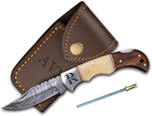Miniatura 17 de Cuchillo de bolsillo de hueso de camello de acero damascus para hombres, regalos plegables de cuchillo de hoja para él, cuchillos hechos a mano