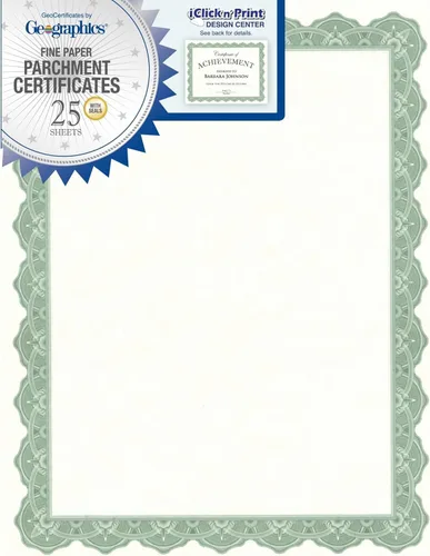 Geographics 30% certificados de pergamino en blanco reciclados, 8 1/2" x 11", Optima Green, paquete de 25 Verde