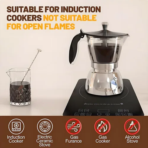 Miniatura 4 de Olla de plástico transparente de 6 tazas de acero inoxidable sin recubrimiento, cafetera italiana, cafetera moca greca, cafetera clásica