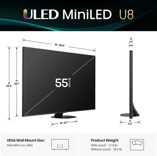 Miniatura 3 de Hisense 55" Clase U8 Mini-LED ULED 4K UHD Smart TV de Google (55U8QG, Modelo 2025) - QLED, 165Hz nativo, VRR 288, hasta LD5600, 5000 Nits, HDR10+