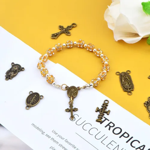 Miniatura 7 de 50 piezas Dijes de Cruz y Centro de Rosario Medalla Milagrosa Colgantes de Crucifijo de Jesús Tibetano Eslabones de Araña Ovalados de Virgen María