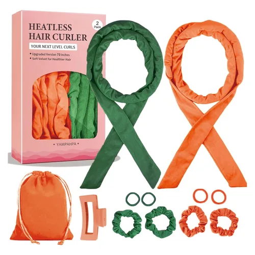 Cintillo rizador sin calor para la noche, rizadores de pelo sin calor de 70 pulgadas para cabello medio largo, verde y naranja