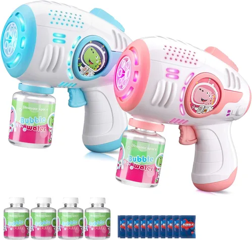 Pistolas de burbujas para niños de 4 a 8 años, paquete de 2 lanzadores automáticos de burbujas con luz LED y solución de 14 burbujas, pistola de
