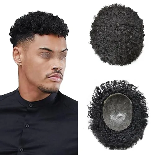 Miniatura 14 de Tupé rizado afro para hombres negros Full Poly African American Curl sistemas de cabello humano inyectado PU Coily Male Hairpieces Poly Hair