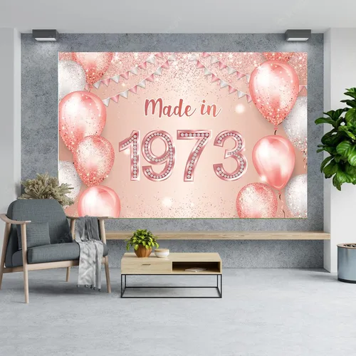 Miniatura 3 de Cartel de feliz cumpleaños número 50 en oro rosa hecho en 1973 con texto en inglés "Cheers to 50 years old", confeti, telón de fondo, decoración