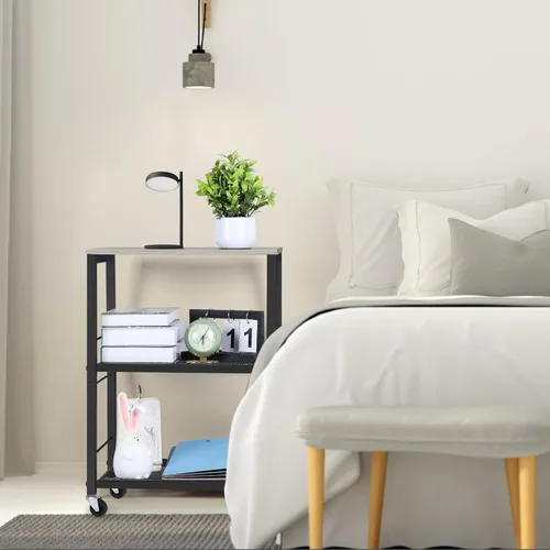 Miniatura 5 de MOOACE Mesa auxiliar rústica de 3 niveles con rueda, mesa de noche con estante de almacenamiento para dormitorio, cocina, sala de estar y oficina