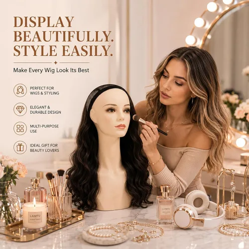 Miniatura 8 de Forma de cabeza de maniquí femenino de 17 pulgadas con pestañas y labios, soporte de exhibición para pelucas, sombreros, joyas