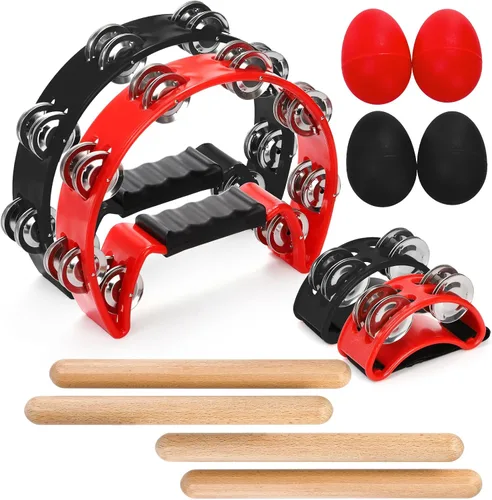 Eorbow Pandereta de 12 piezas para adultos, pandereta de media luna de mano con pandereta de pie, palos de ritmo de madera y agitadores de huevos,