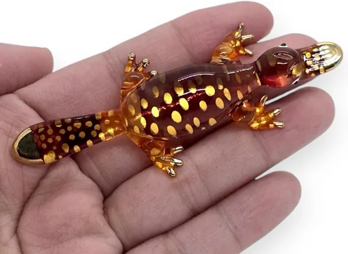 WitnyStore Pequeña figura de ornitorrinco marrón dorado de 3¼ pulgadas, en miniatura, soplado a mano, vidrio pintado a mano, platypi, pico de agua,