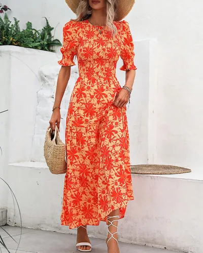 Miniatura 130 de BTFBM Vestidos para mujer, cuello redondo, casual, de verano, con volantes, manga corta, bohemio, con niveles, fruncido, largo, con estampado floral