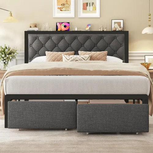 Miniatura 8 de Fluest - Base de cama tamaño Queen con 2 cajones de almacenamiento, cabecero tapizado con botones y estación de carga, no necesita somier, libre