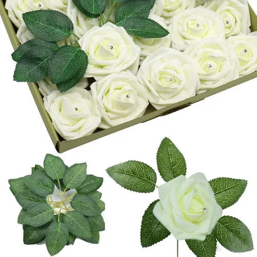 SWEETIME Flores falsas para decoración, 50 ramos de rosas de espuma en caja, hojas verdes, paquete de cabeza de rosa sintética blanca crema,