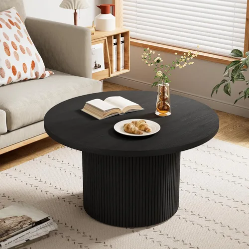 Miniatura 7 de Furniway Mesa de centro redonda, mesa de centro circular de 35.4 pulgadas de ancho, mesa de madera y mesa central para sala de estar, color negro